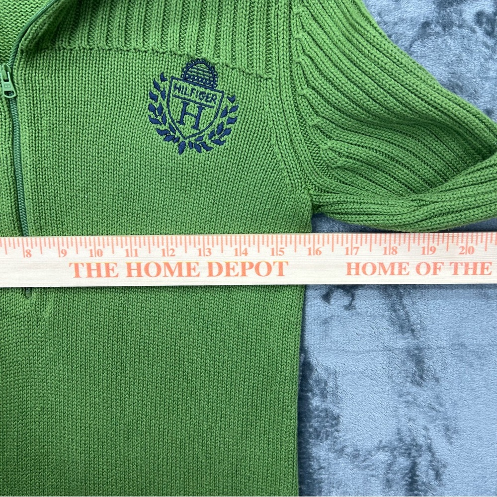 VTG Tommy Hilfiger Woman’s Green Size M 1/2 Zip Shawl Sweater Embroidered Crest - Picture 4 of 8